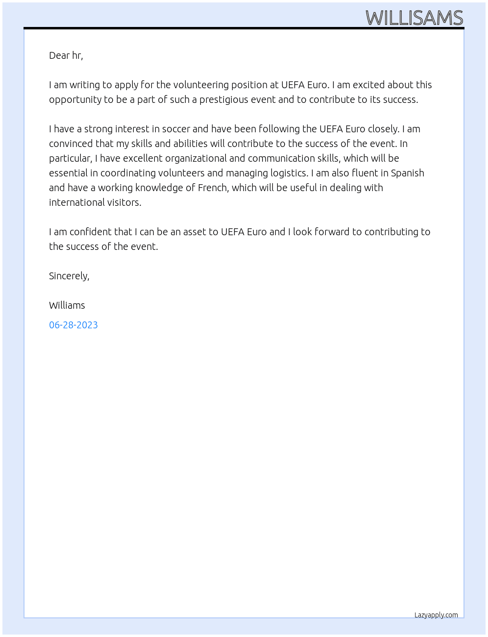 volunteering  At uefa euro Cover Letter