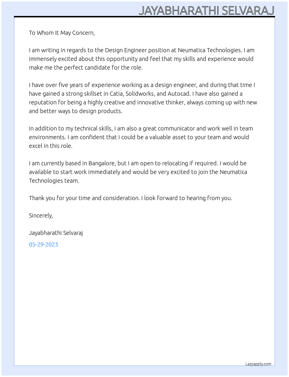 Design engineer At Neumatica Technologies Cover Letter