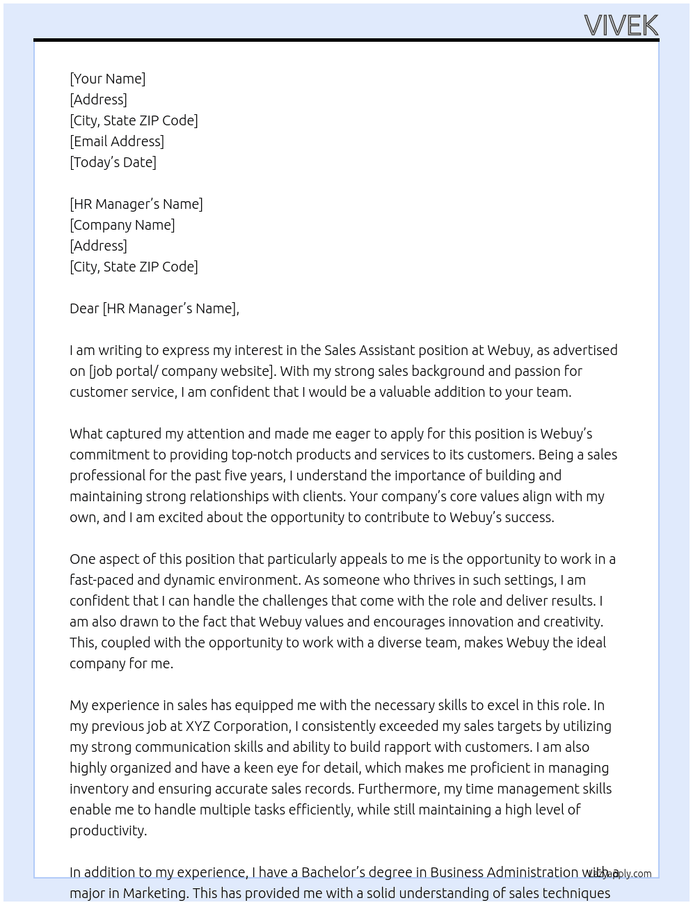Sales assistant  At Webuy Cover Letter
