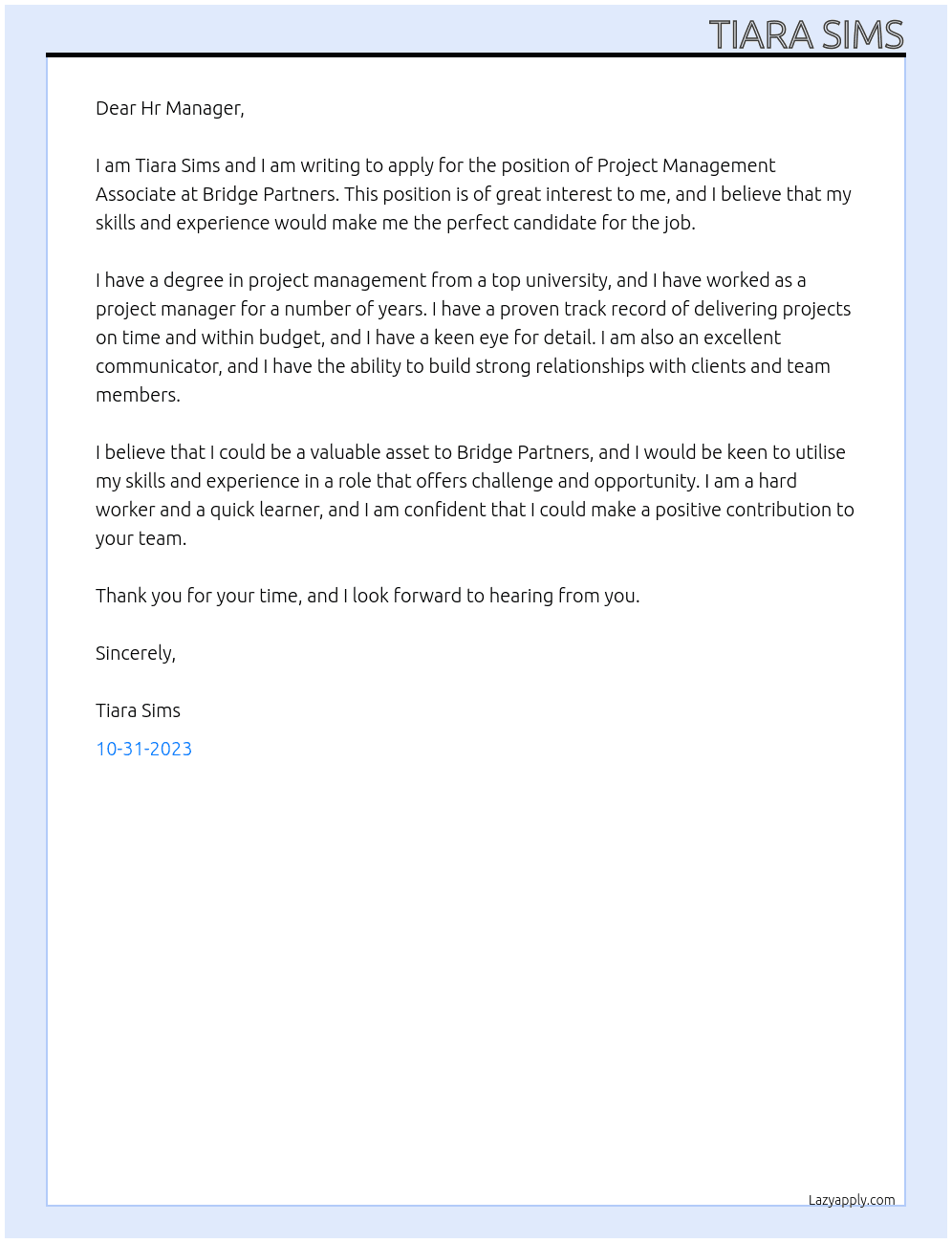Project Management Associate At Bridge Partners Cover Letter