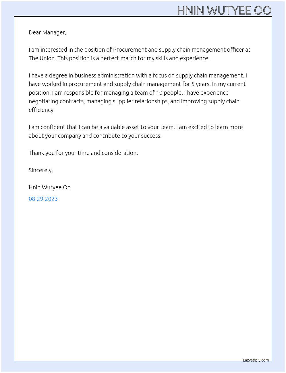Procurement and supply chain management officer At The Union Cover Letter