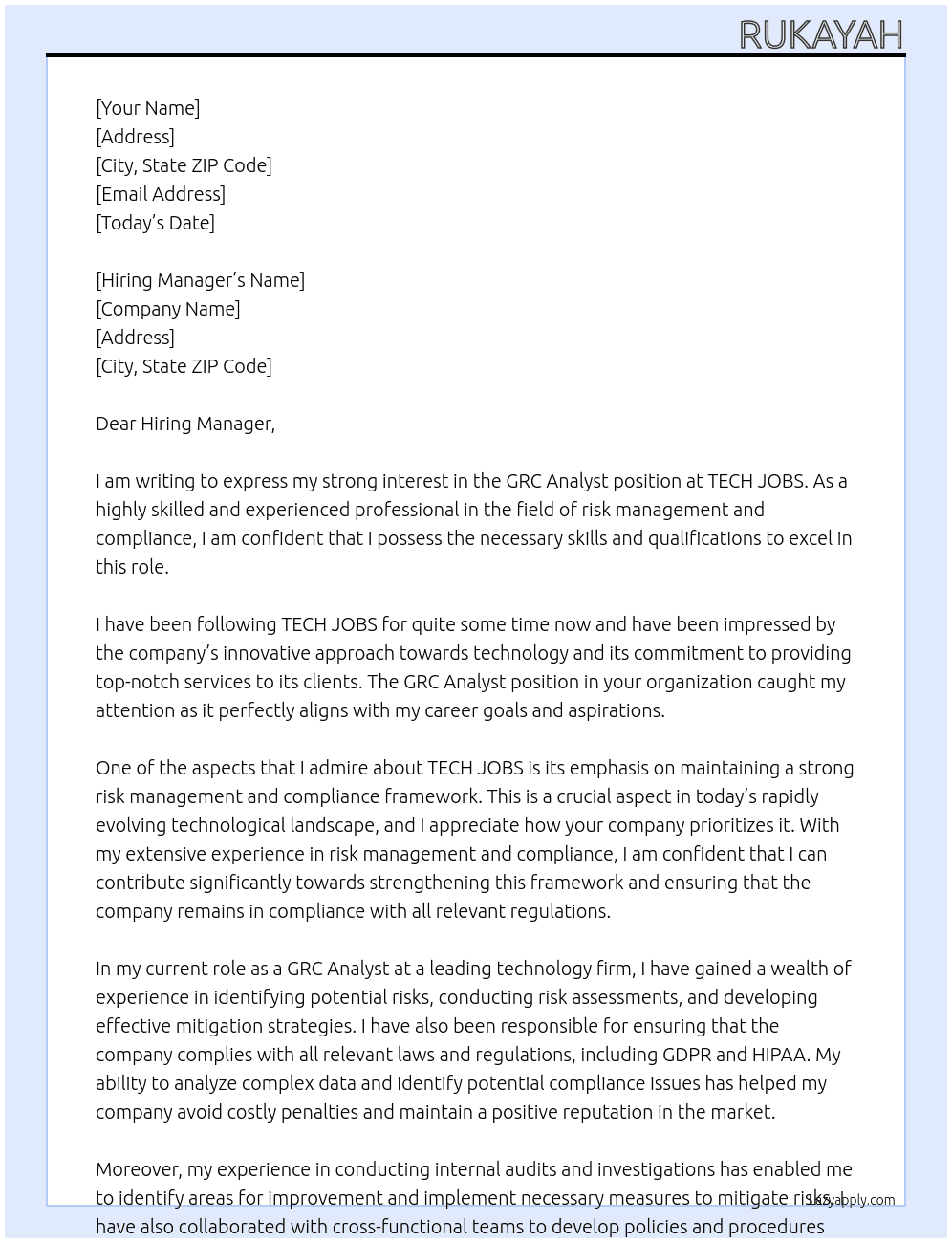 grc analyst At TECH JOBS Cover Letter