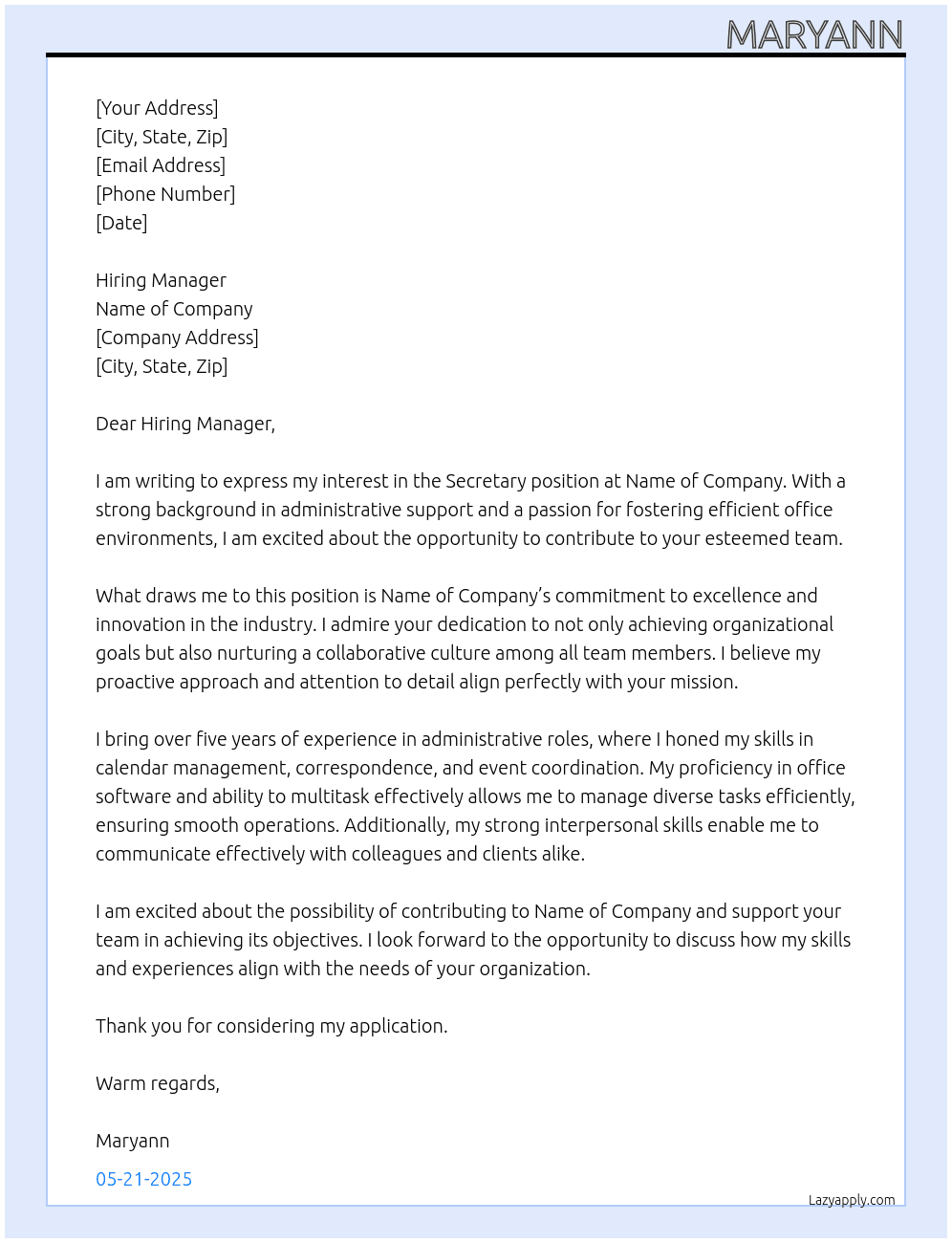 Secretary  At Name of company Cover Letter