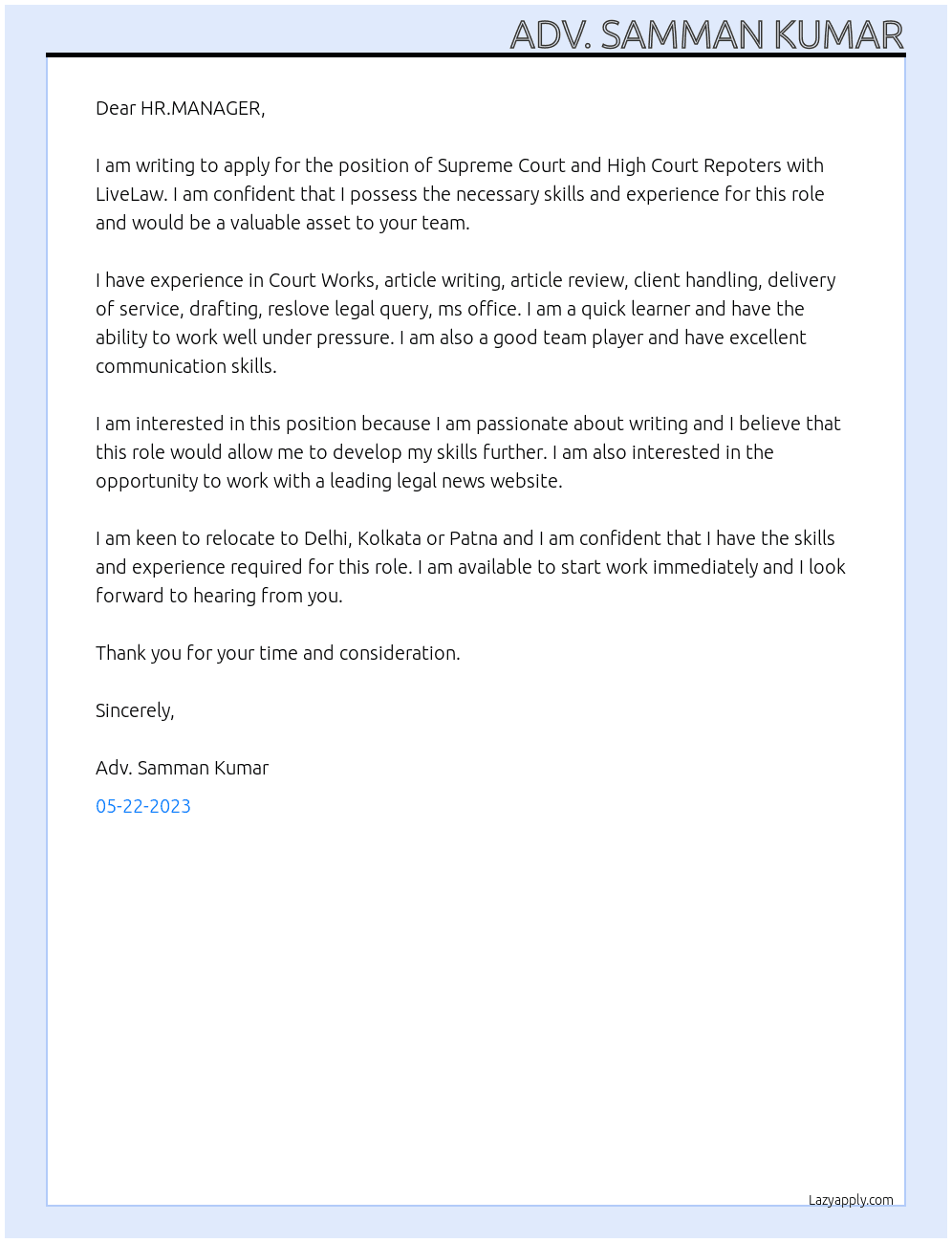 Supreme Court and High Court Repoters At LiveLaw Cover Letter