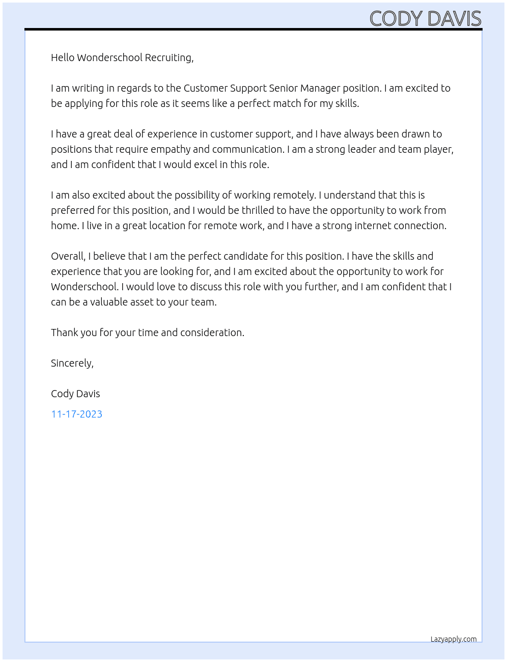 Customer Support Senior Manager At Wonderschool Cover Letter