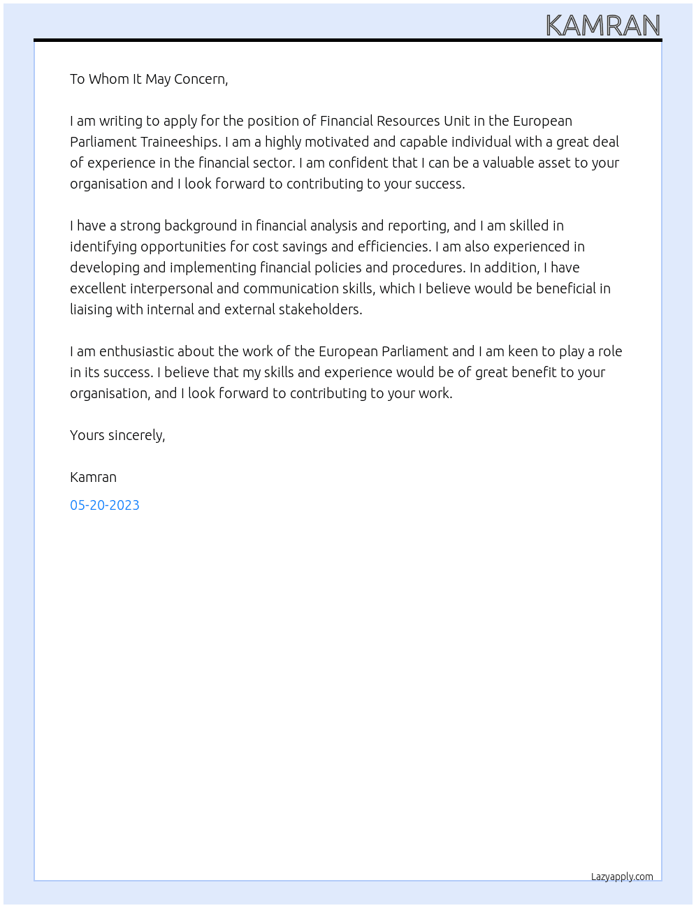 Financial Resources Unit At European Parliament Traineeships Cover Letter