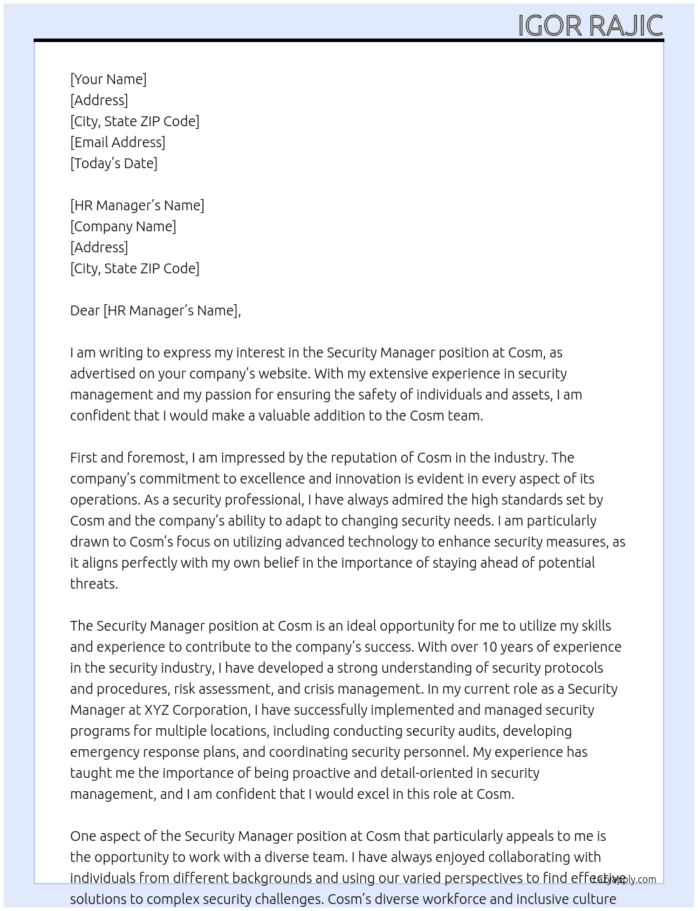 Security manager At Cosm Cover Letter