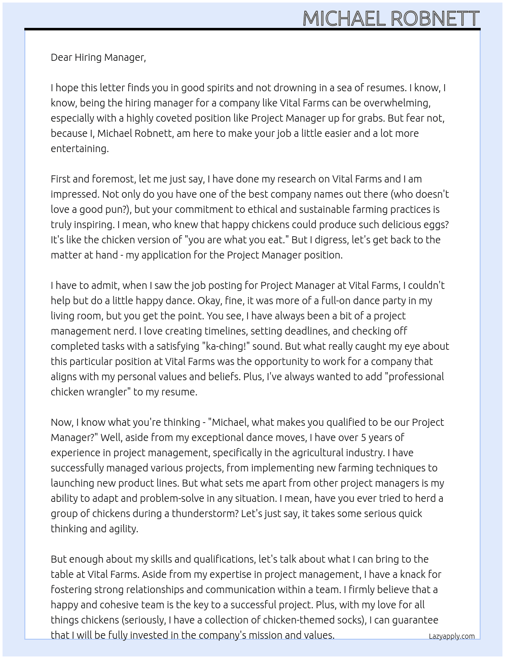 Project Manager At Vital Farms Cover Letter