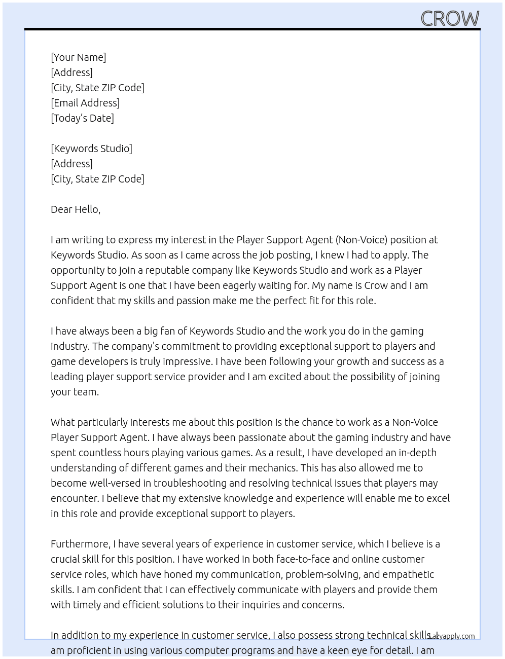 Player Support Agent (Non-Voice) At Keywords Studio Cover Letter