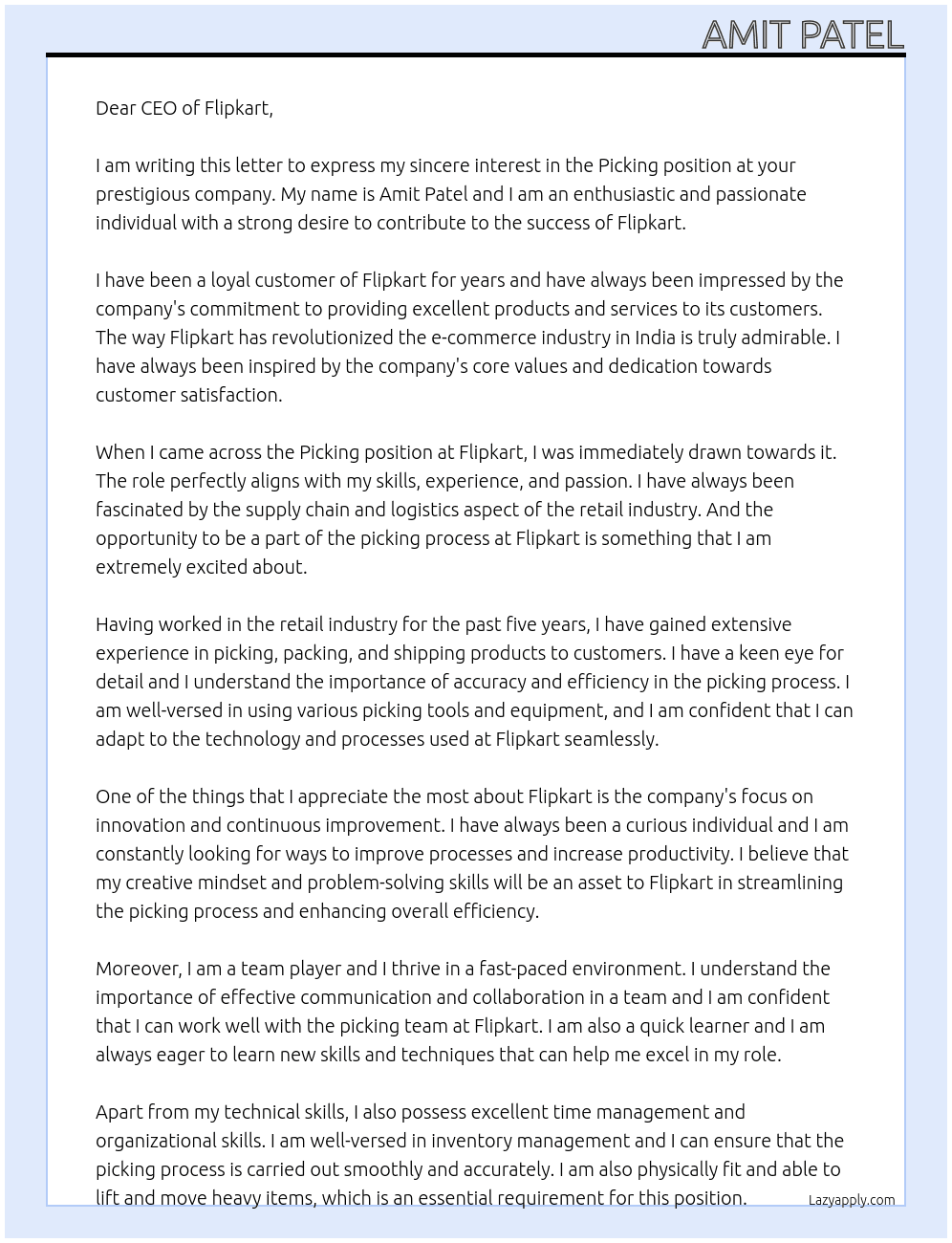 Cover letter for picking - LazyApply
