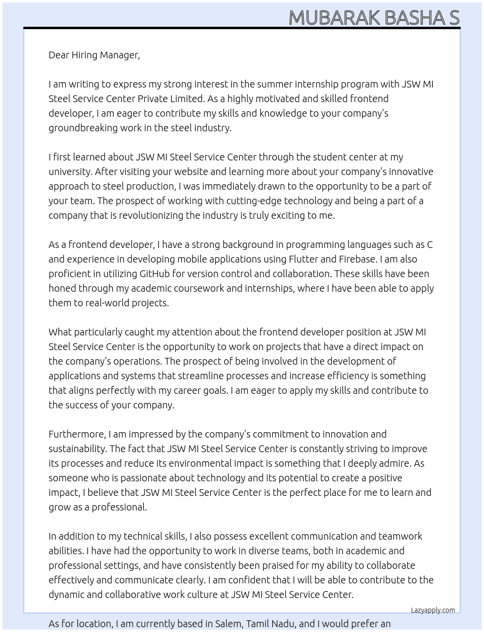 Frontend developer  At JSW MI steel service center private limited Cover Letter