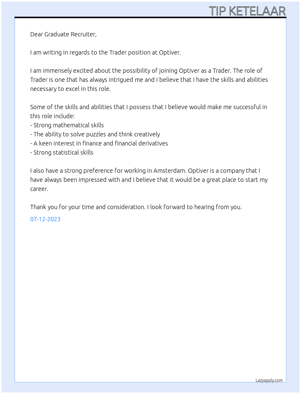 Trader At Optiver Cover Letter