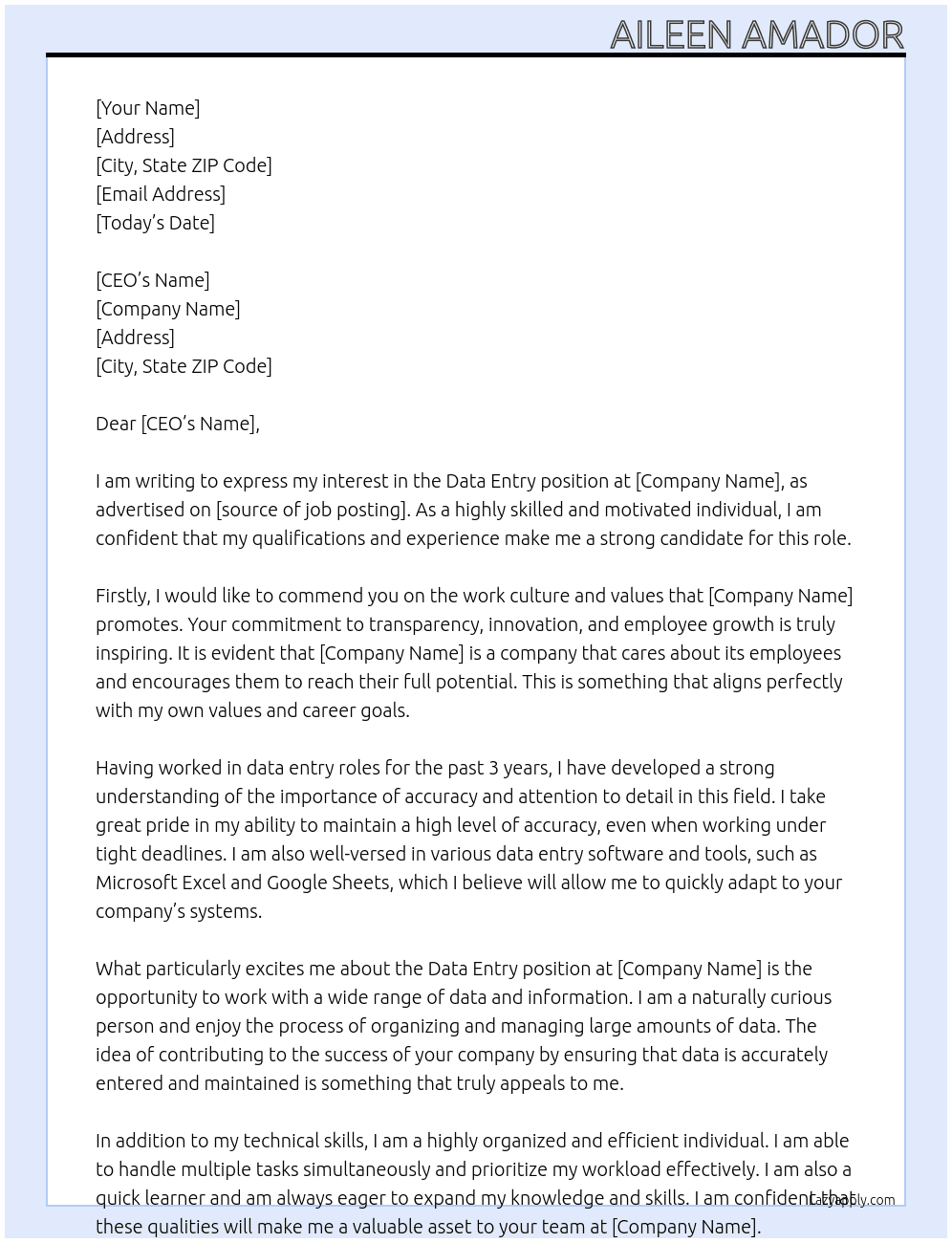 data entry At part time Cover Letter