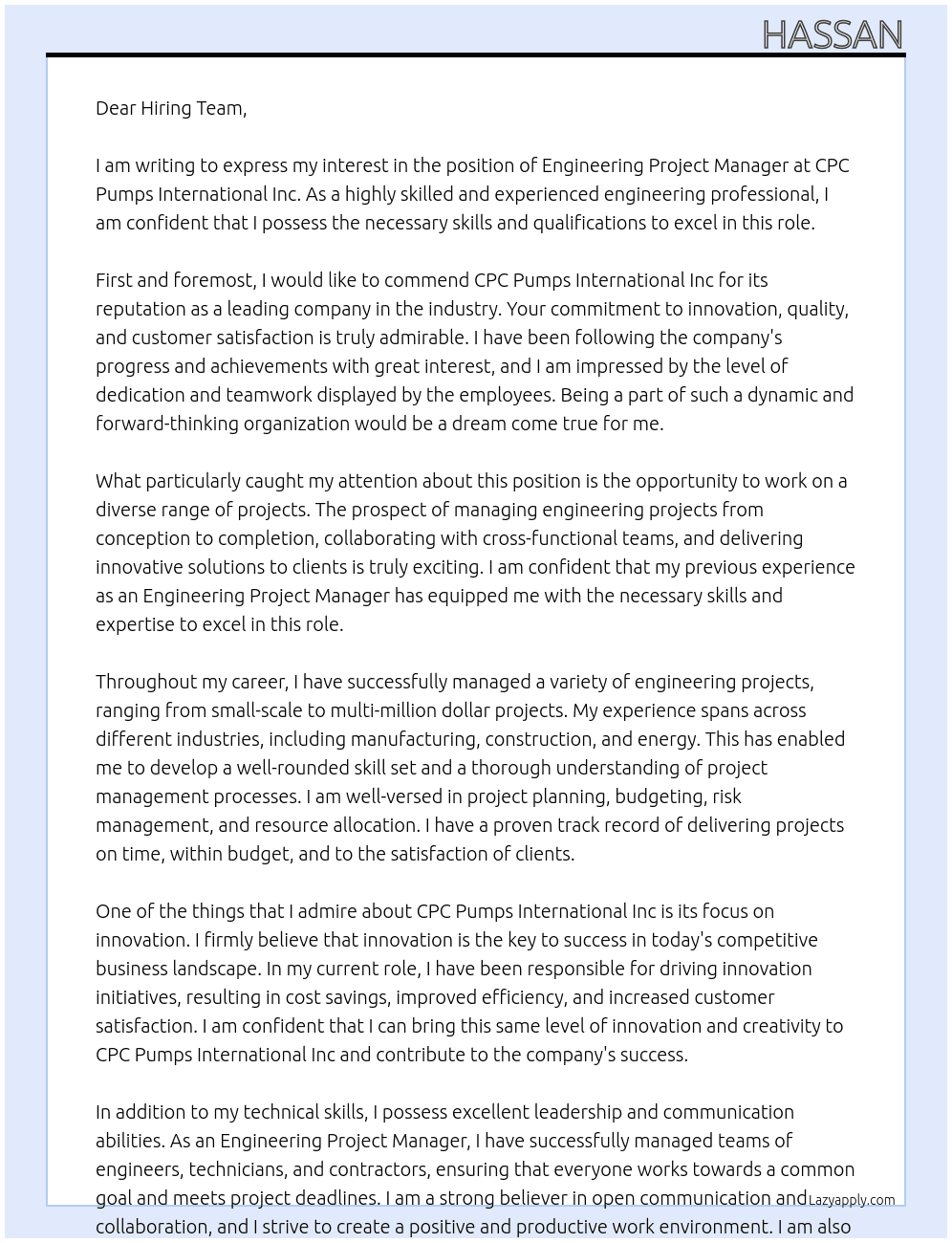 Engineering Project Manager At CPC Pumps International Inc Cover Letter