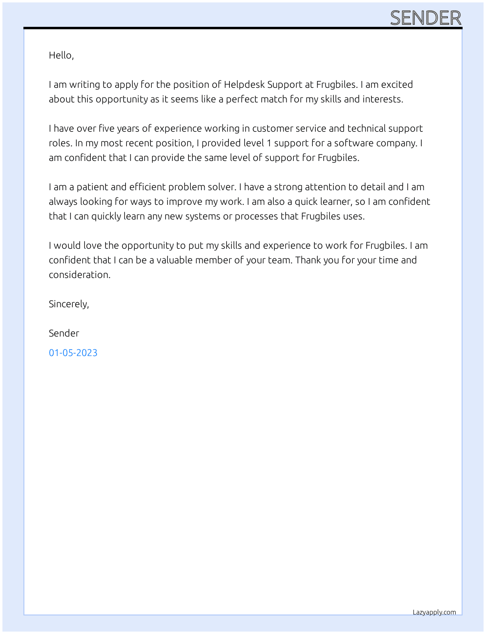 Helpdesk Support At Frugbiles Cover Letter