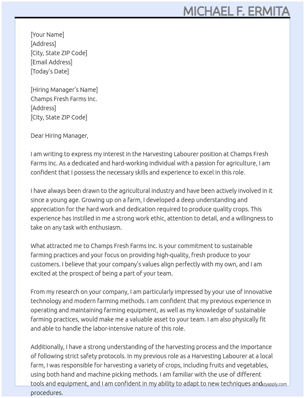 Harvesting Labourer At Champs Fresh Farms Inc. Cover Letter