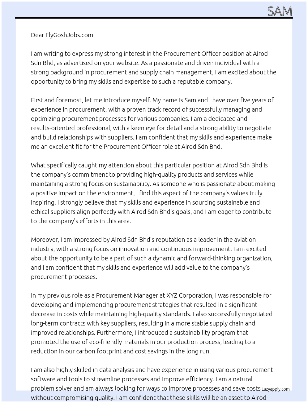 Procurement Officer At Airod Sdn Bhd Cover Letter