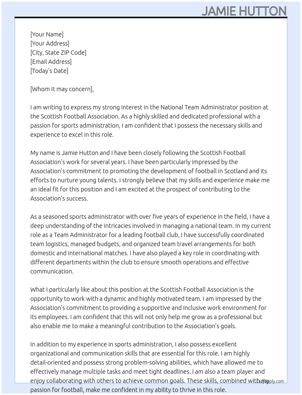 National team administrator  At Scottish football association  Cover Letter