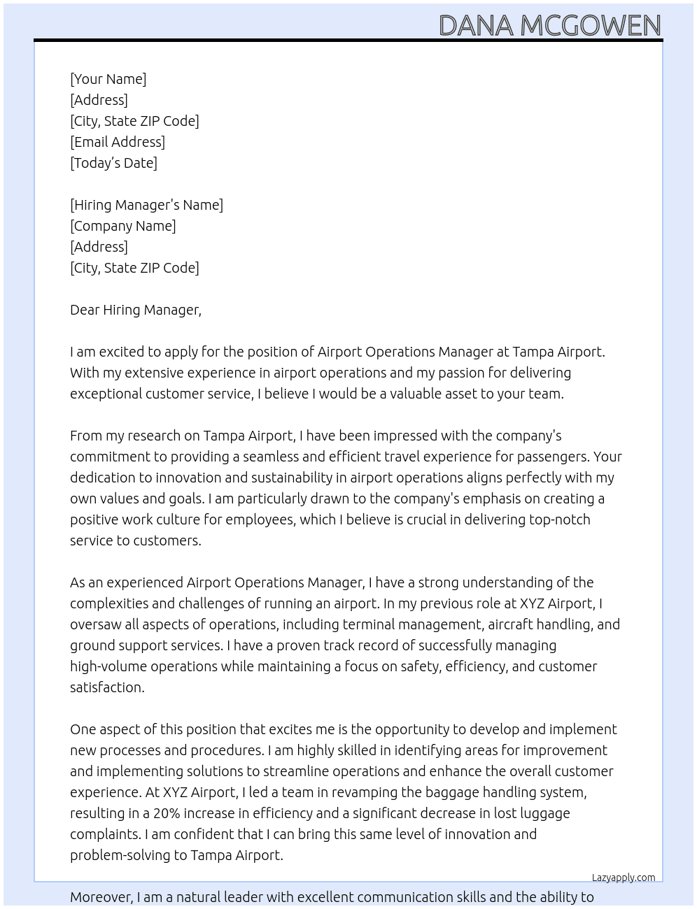 Airport Operations Manager At Tampa Airport Cover Letter