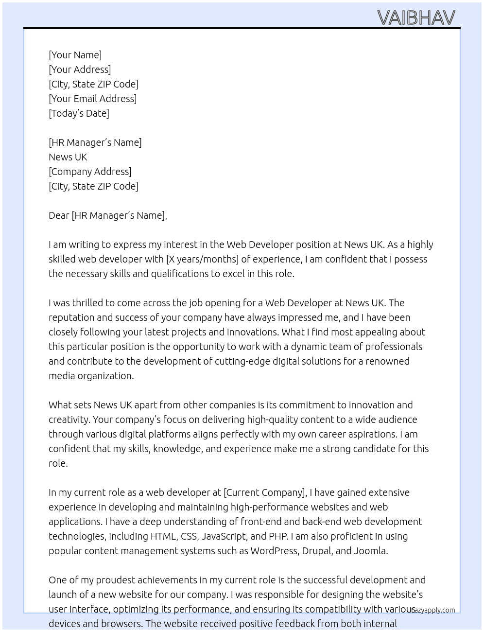 Web developer  At News UK Cover Letter