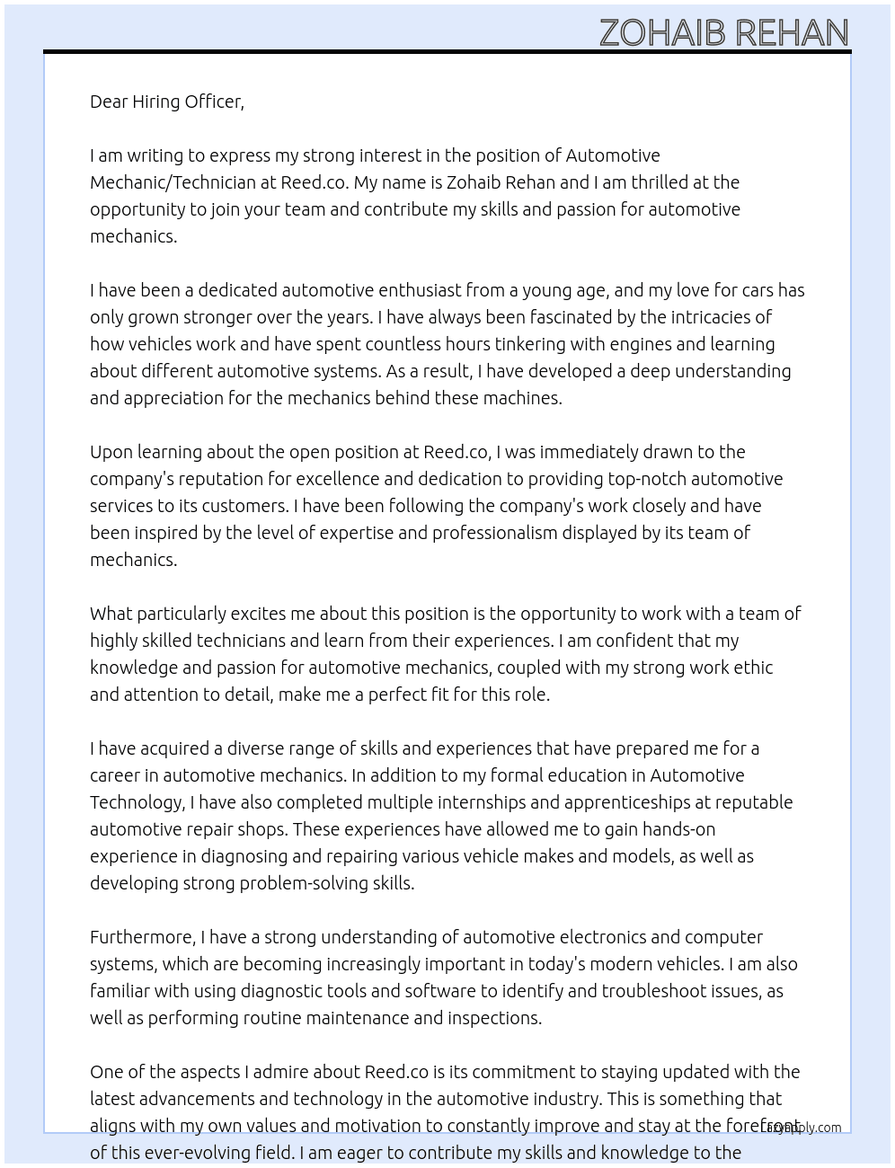 automotive mechanic/ Technician At Reed.co Cover Letter