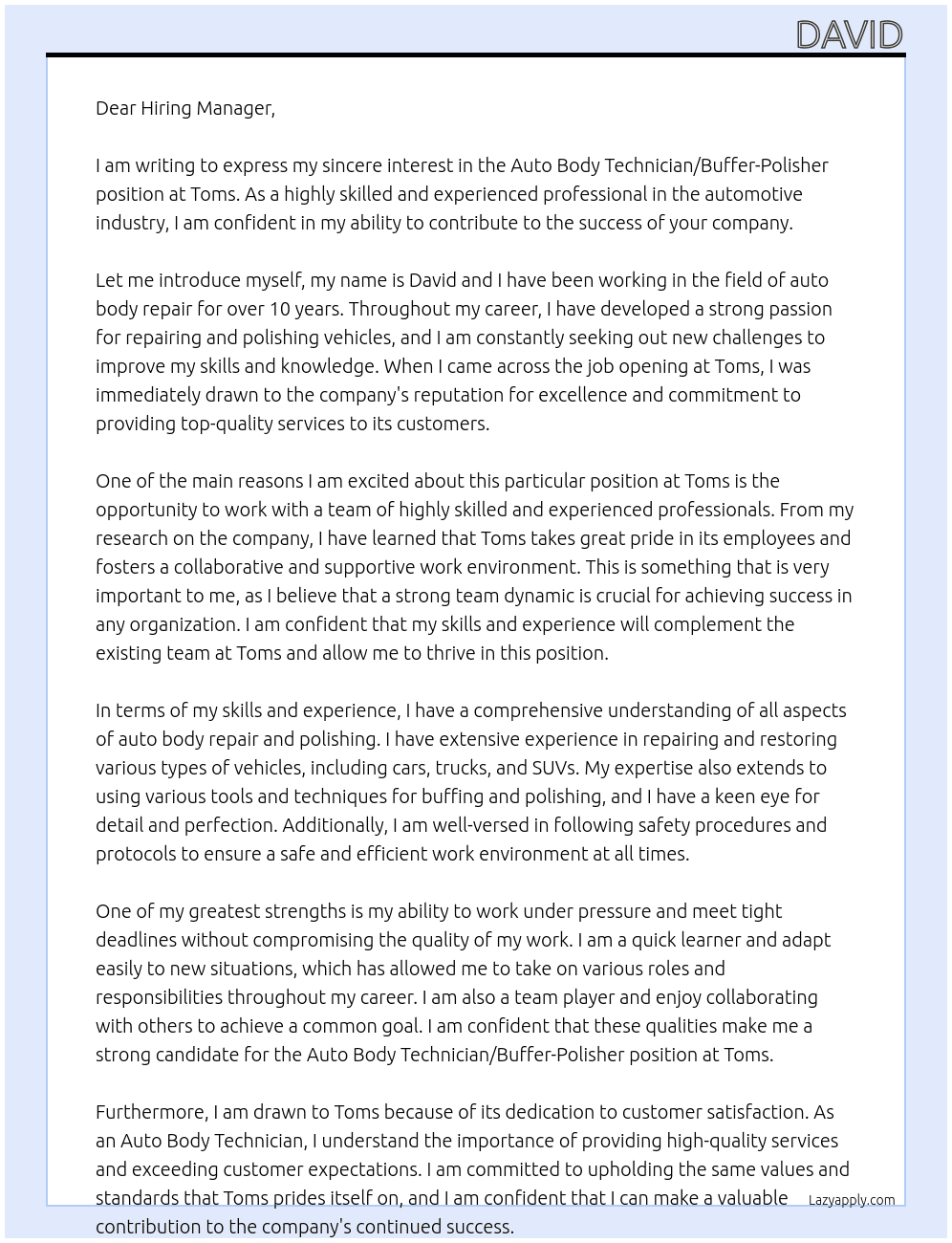 Auto Body Technician/Buffer-Polisher At Toms  Cover Letter
