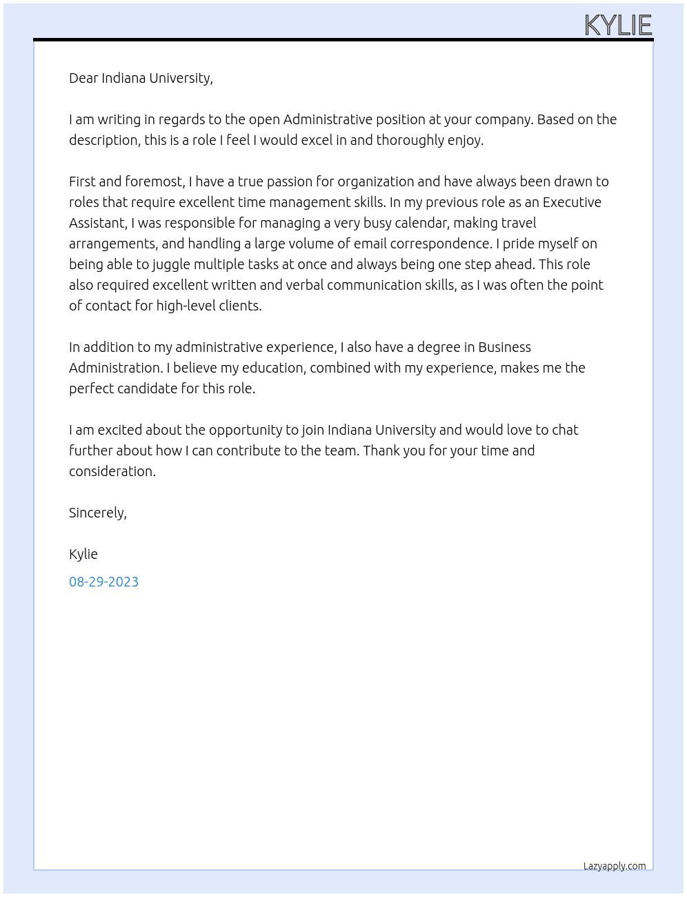 Administration  At Indiana University  Cover Letter