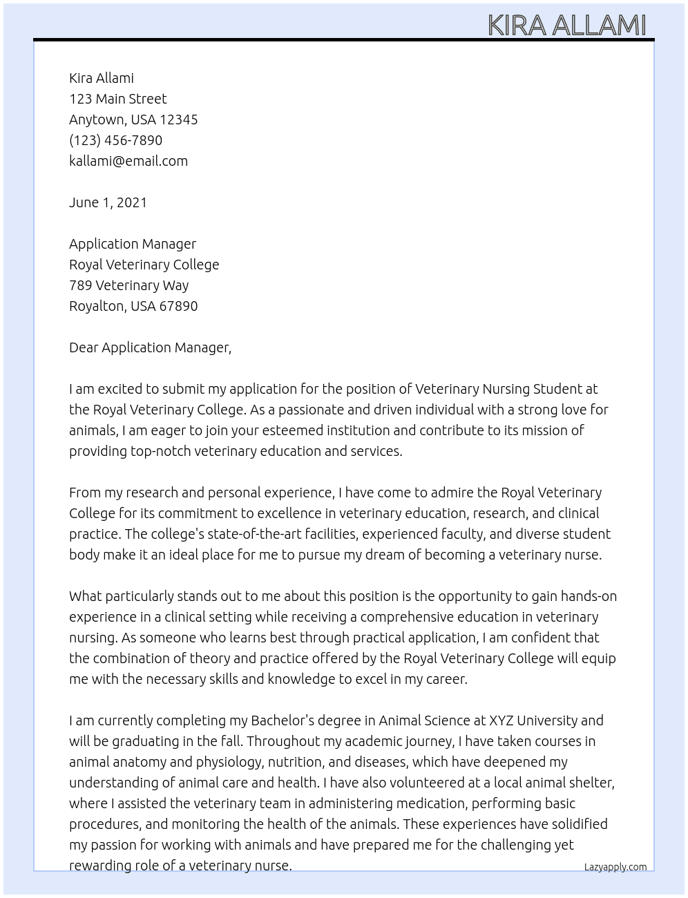 Veterinary Nursing Student At Royal Veterinary College Cover Letter