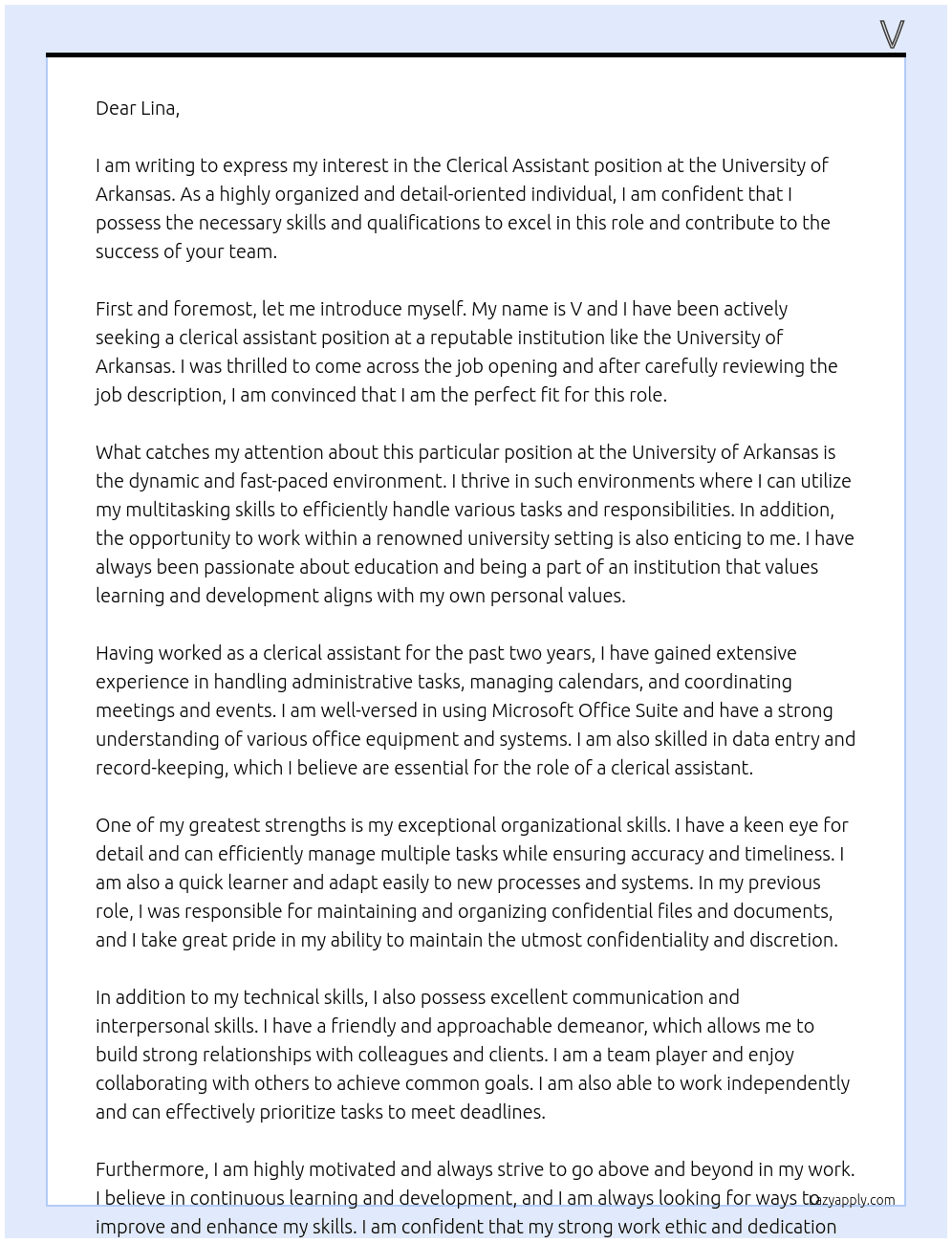 Clerical assistant  At University of arkansas  Cover Letter
