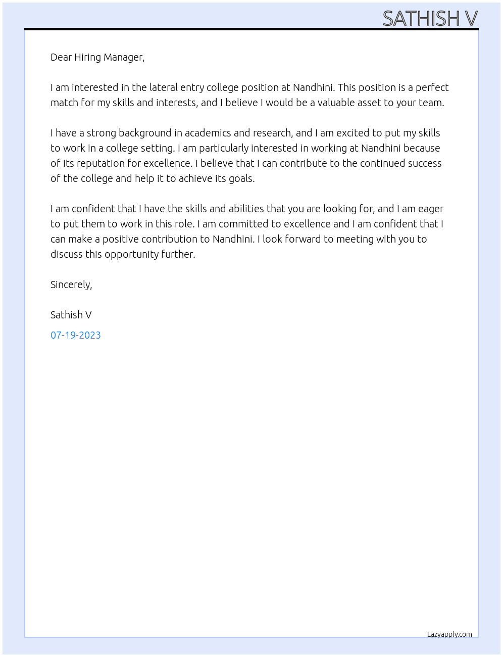 College  At Nandhini Cover Letter