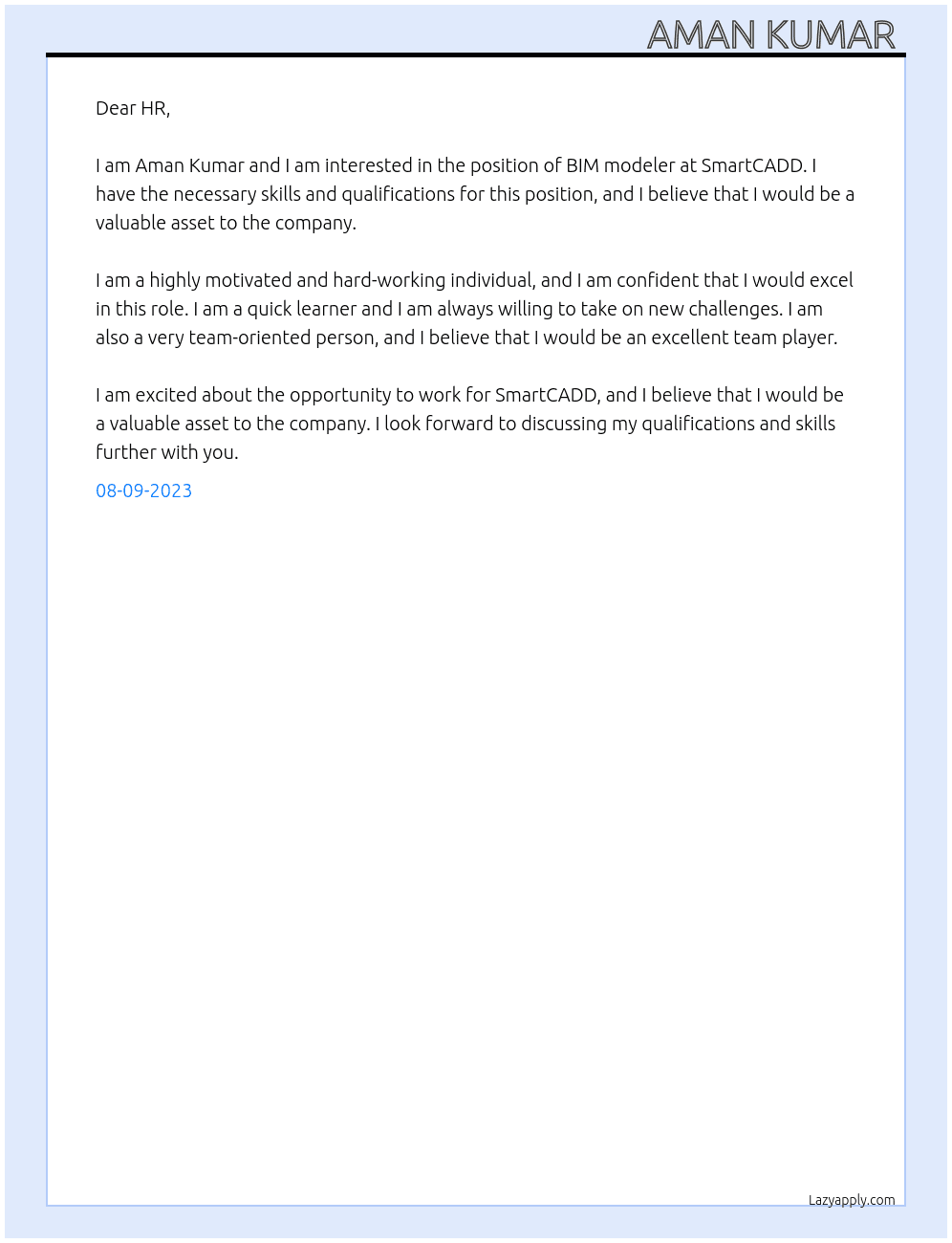 BIM modeler  At SmartCADD Cover Letter