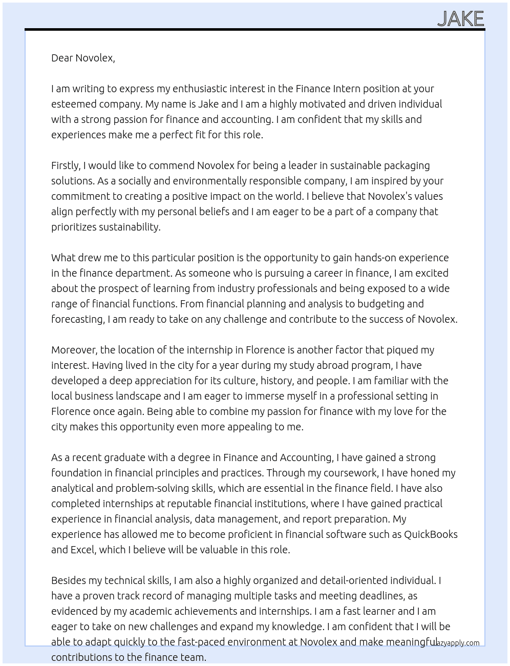 Finance Intern At Novolex Cover Letter
