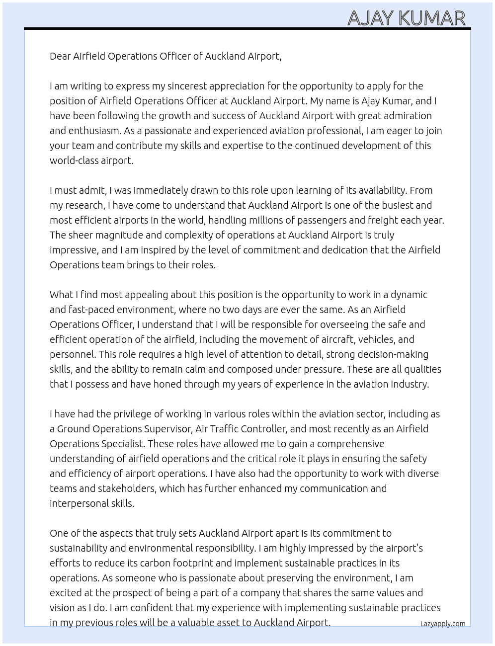 Airfield Operations Officer At Auckland Airport Cover Letter