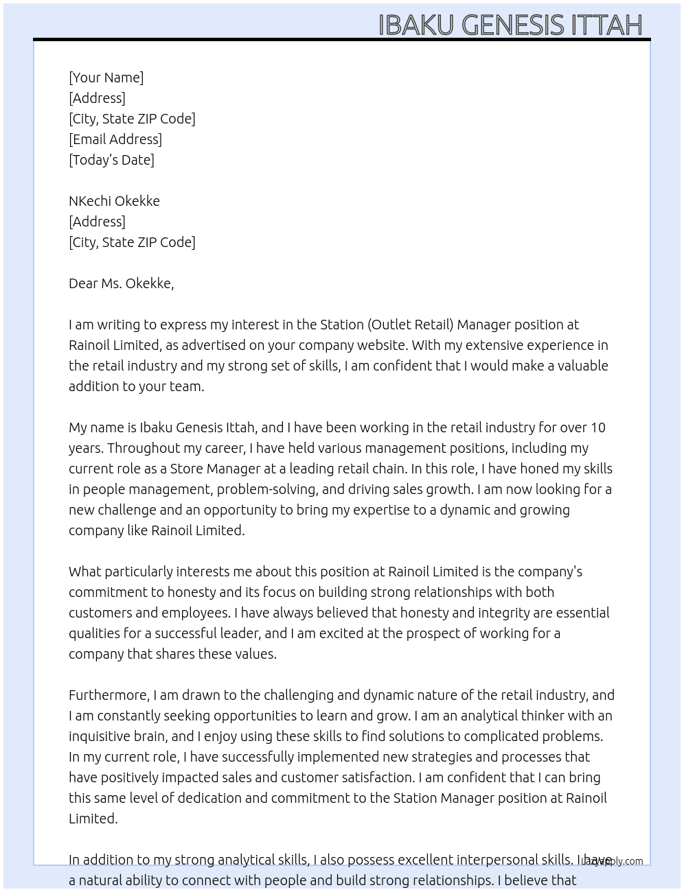Station (Outlet Retail) Manager  At Rainoil Limited  Cover Letter