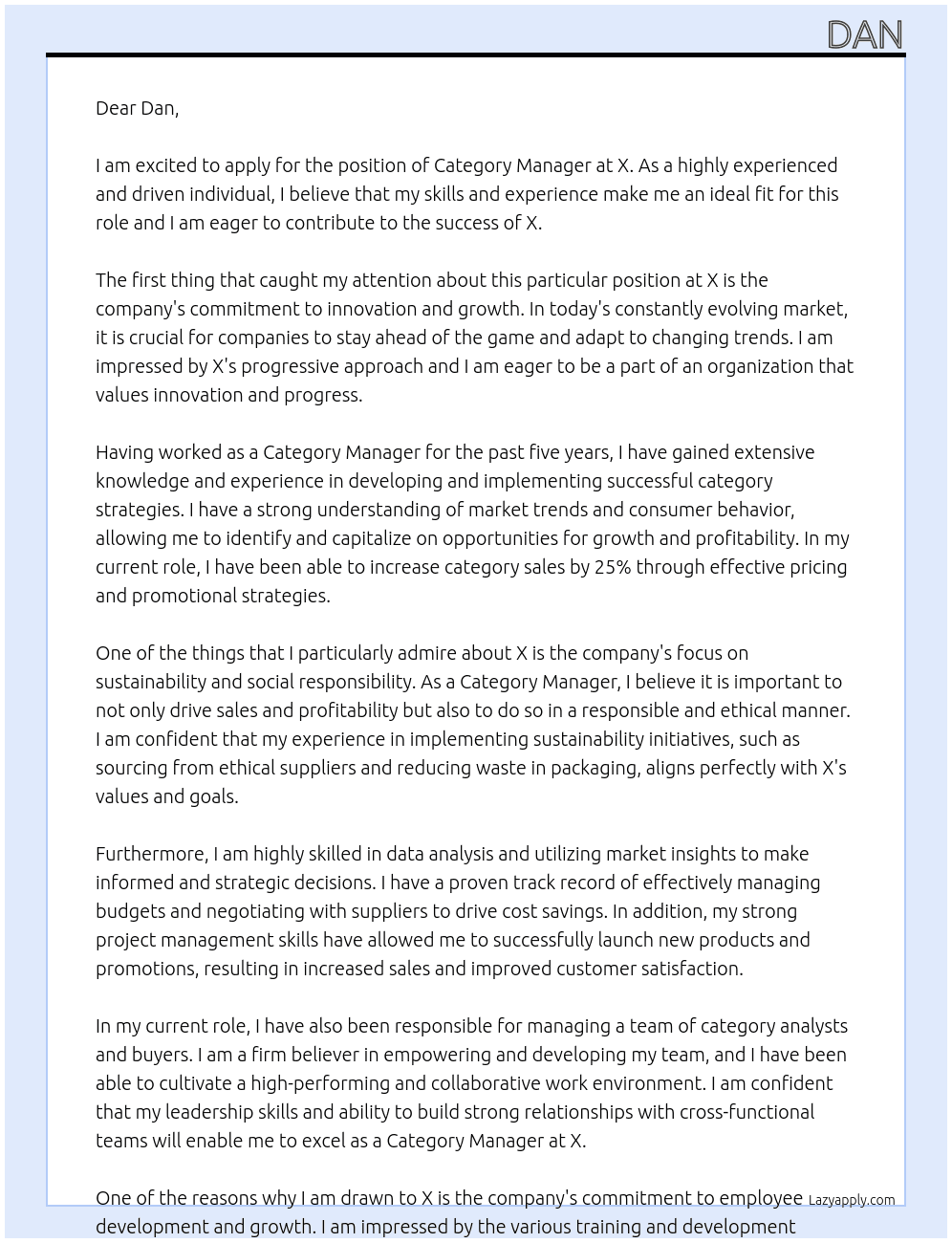 category manager At X Cover Letter