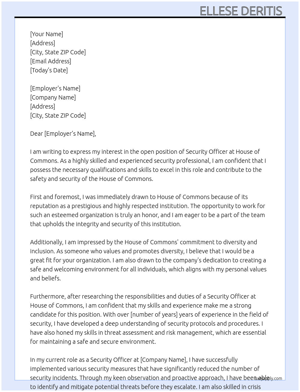 security officer At House of Commons Cover Letter