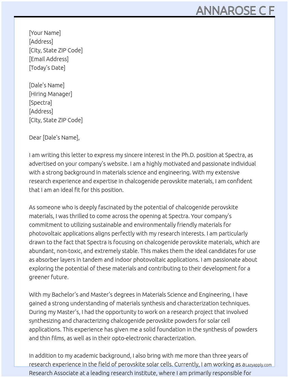 Phd  At Spectra  Cover Letter