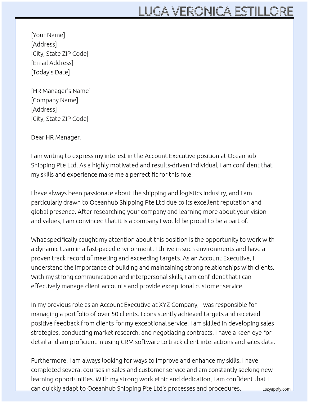 Account Executive At Oceanhub Shipping Pte Ltd Cover Letter
