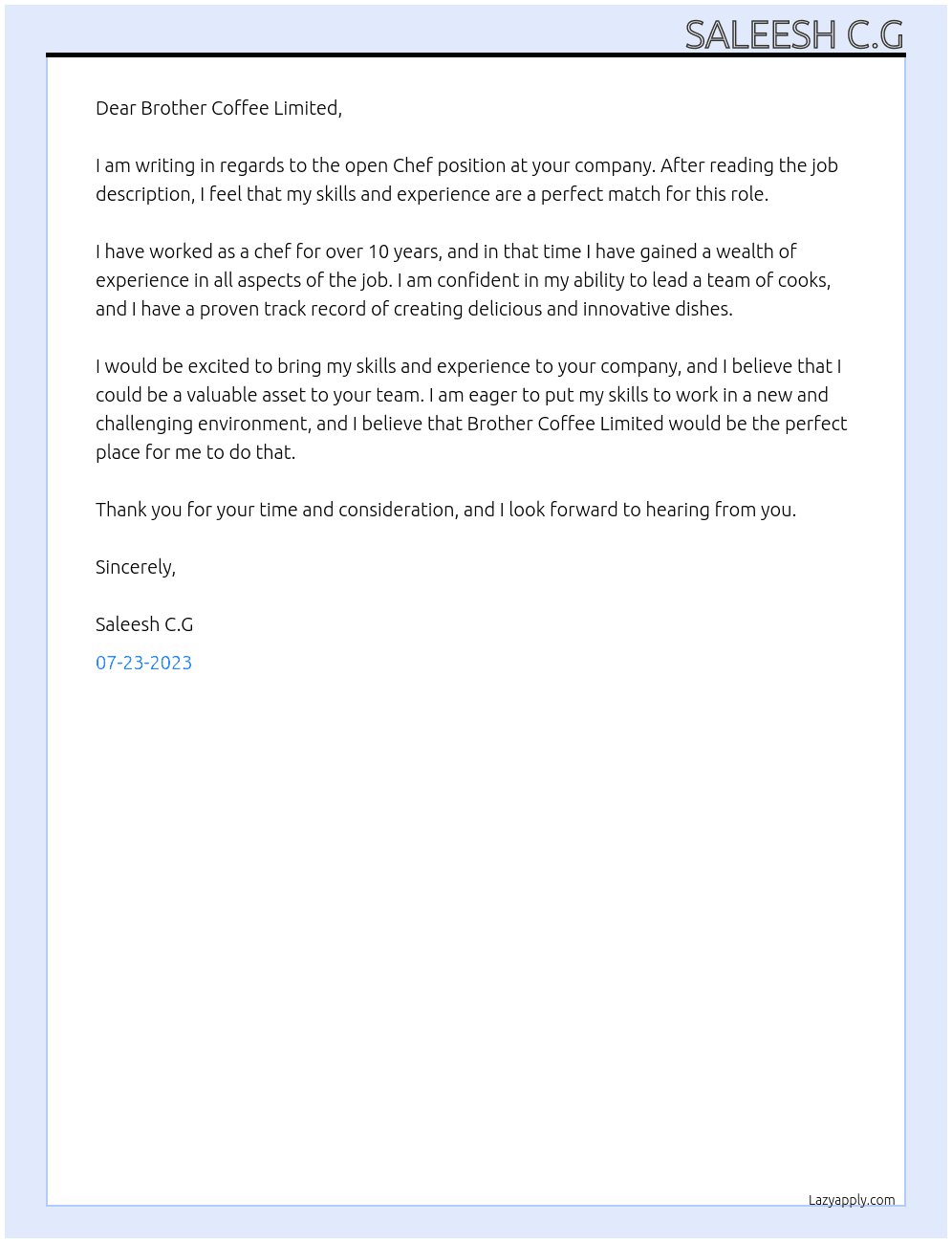 Chef At Brother Coffee Limited Cover Letter