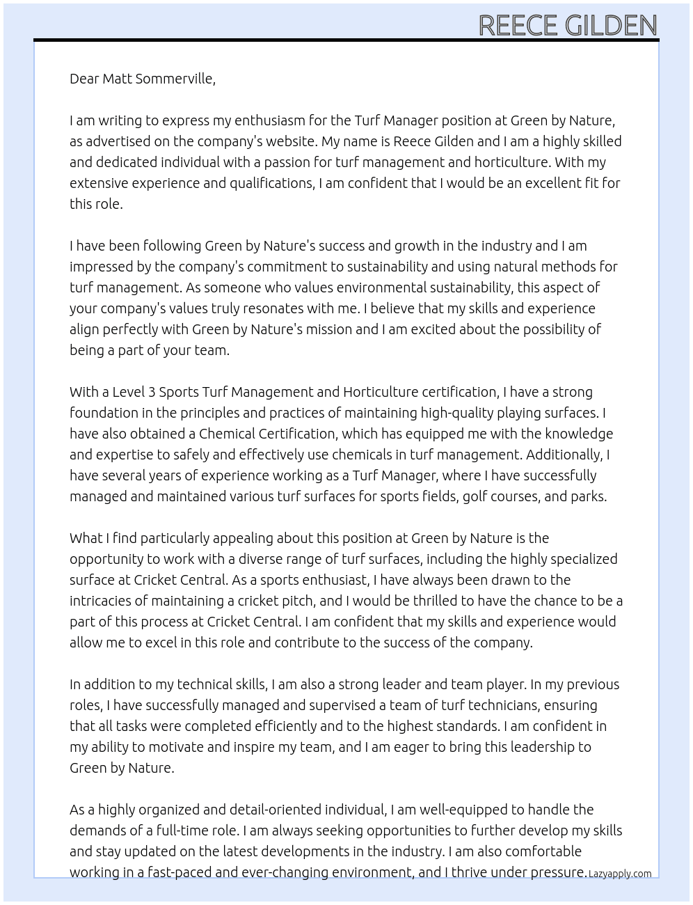 Cover letter for turf manager - LazyApply