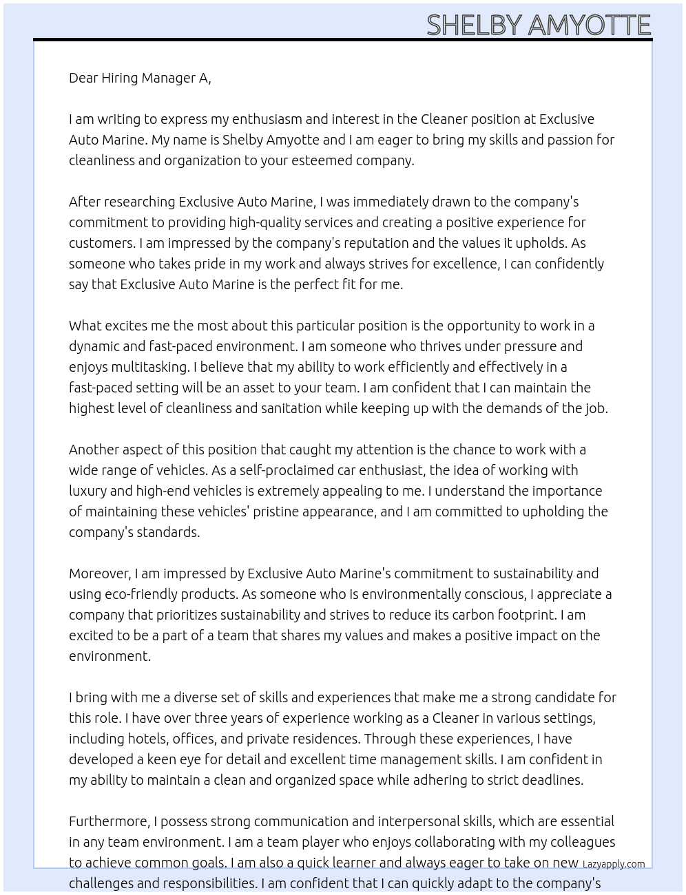 Cleaner At Exclusive uto Marine Cover Letter