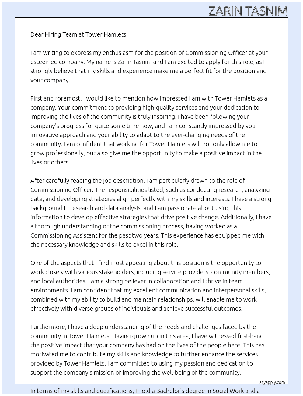 Cover letter for commissioning officer - LazyApply