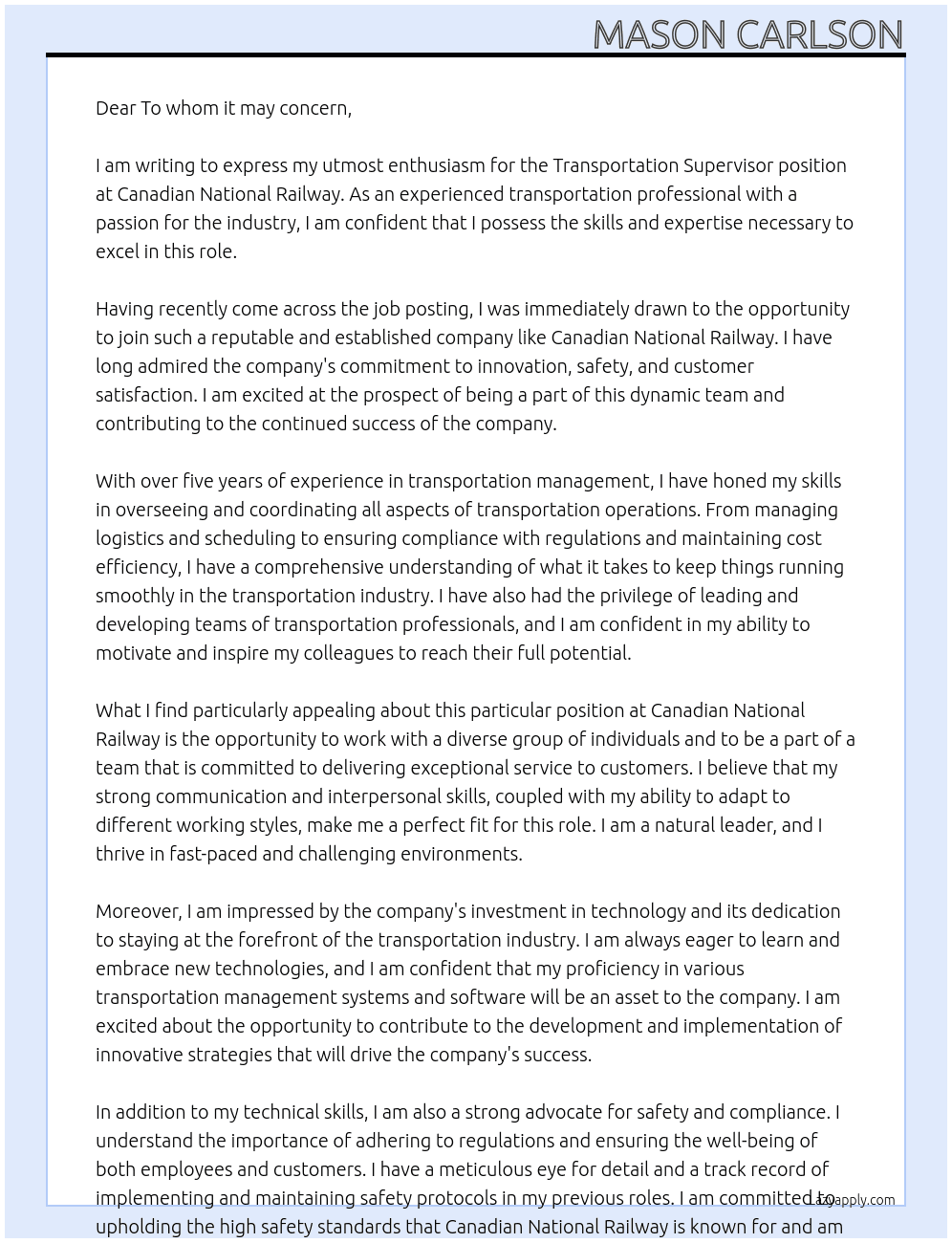 Transportation Supervisor At Canadian National Railway Cover Letter