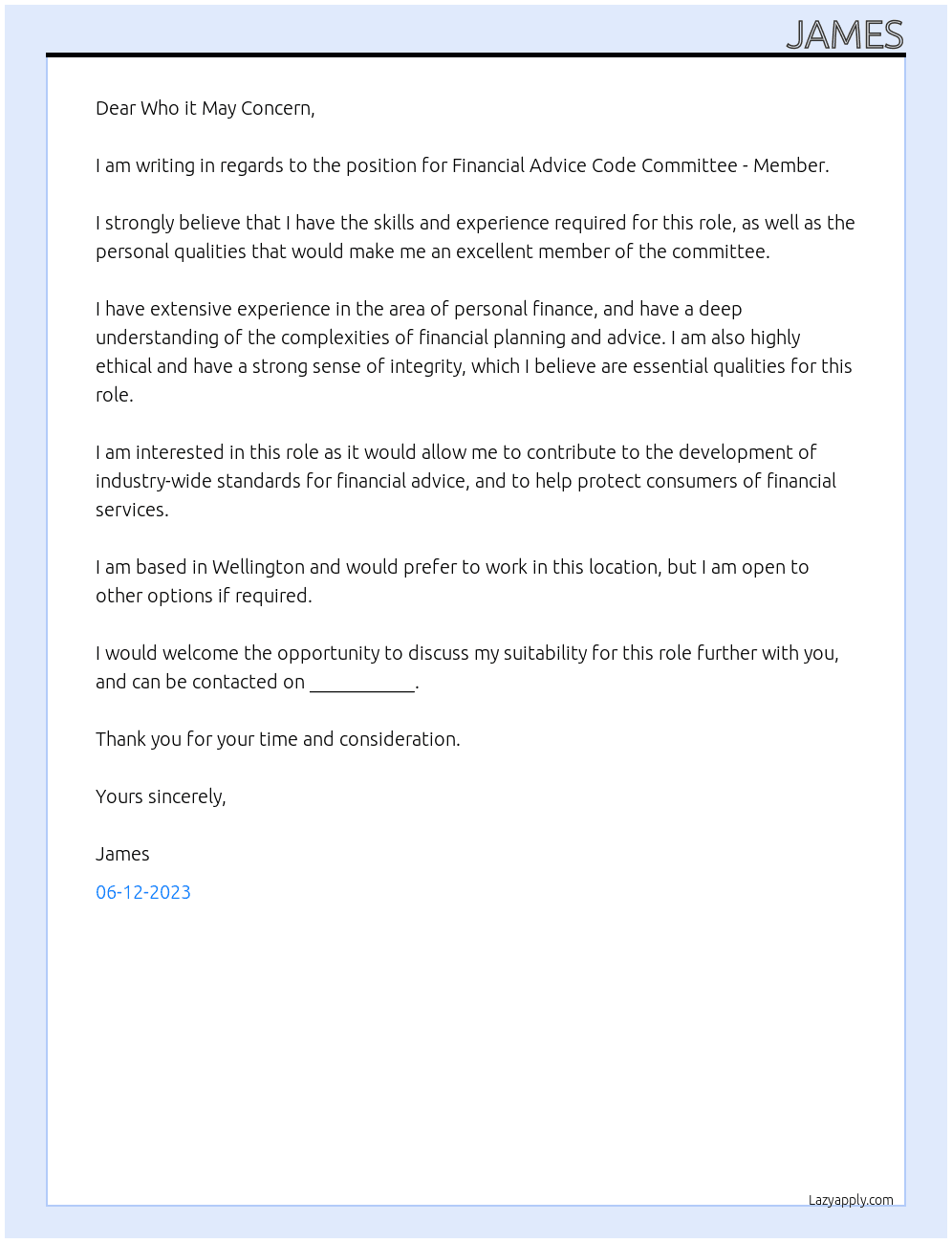 inancial Advice Code Committee - Member At MBIE Cover Letter