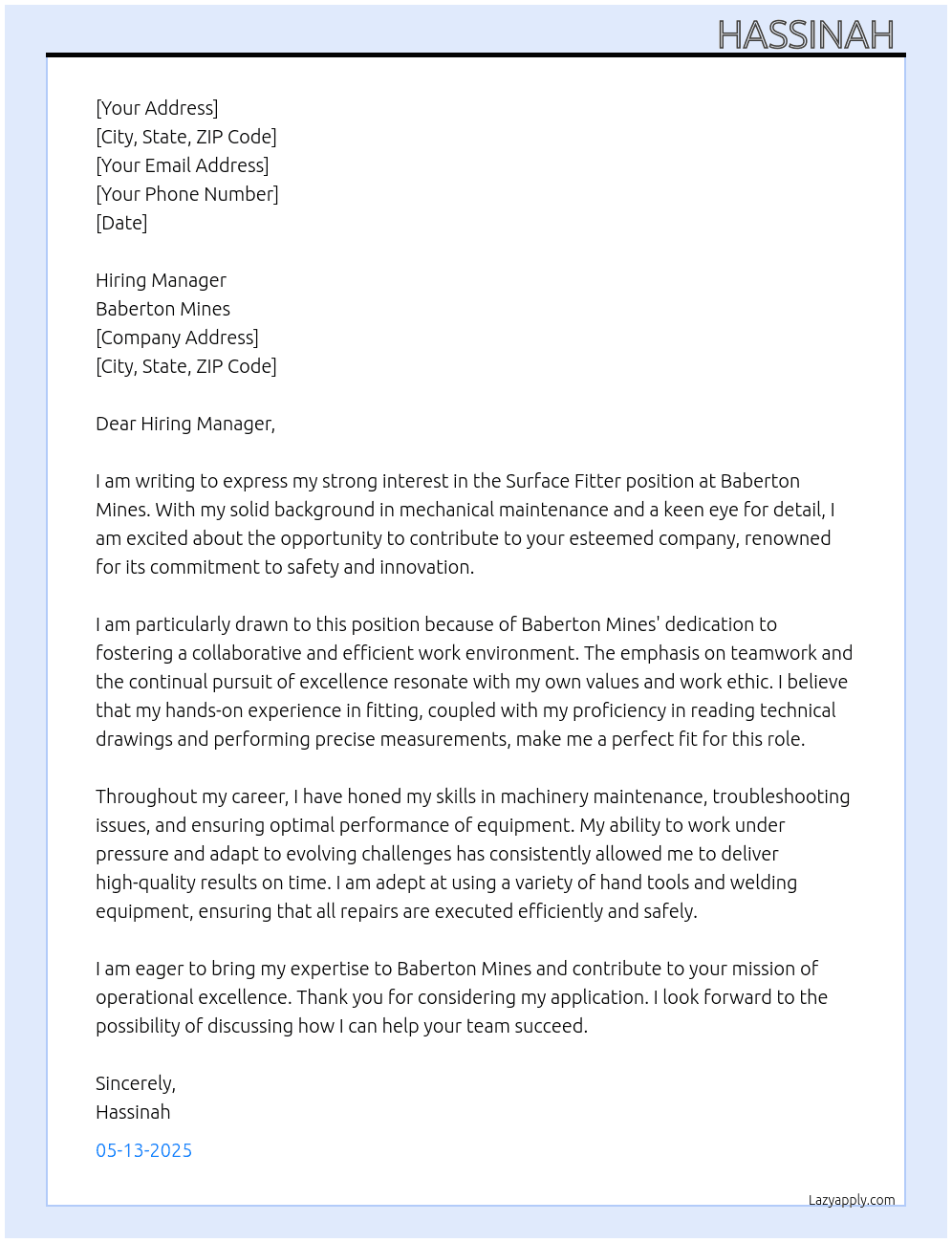 Surface Fitter  At Baberton Mines  Cover Letter