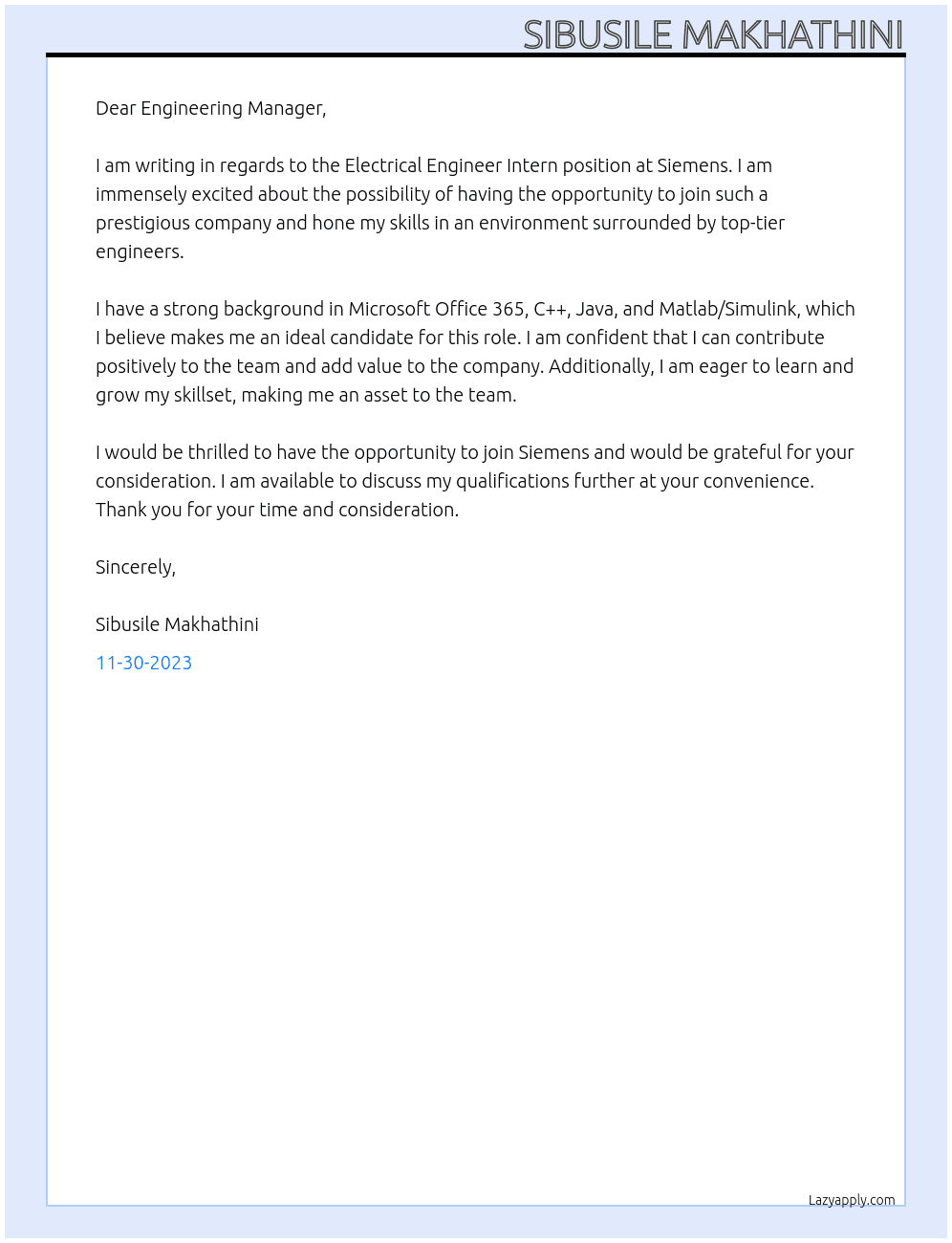 Electrical Engineer Intern At Siemens Cover Letter