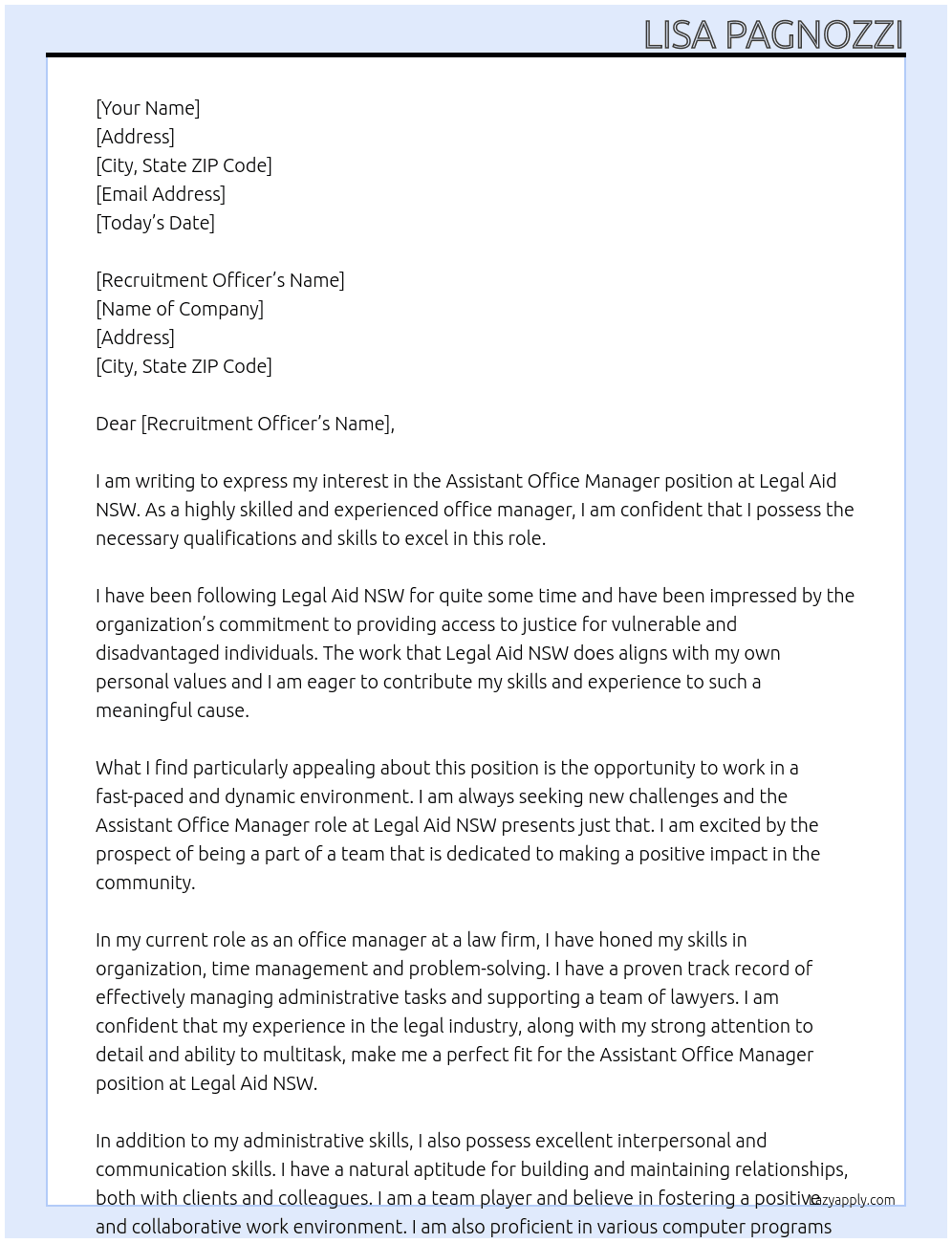 Assistant Office Manager  At Legal Aid NSW Cover Letter