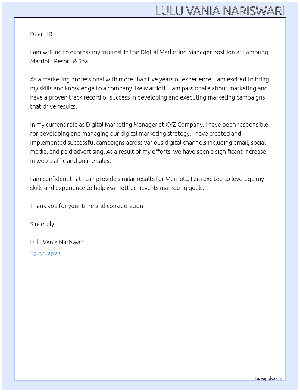 Digital Marketing Manager At Lampung Marriott Resort & Spa Cover Letter