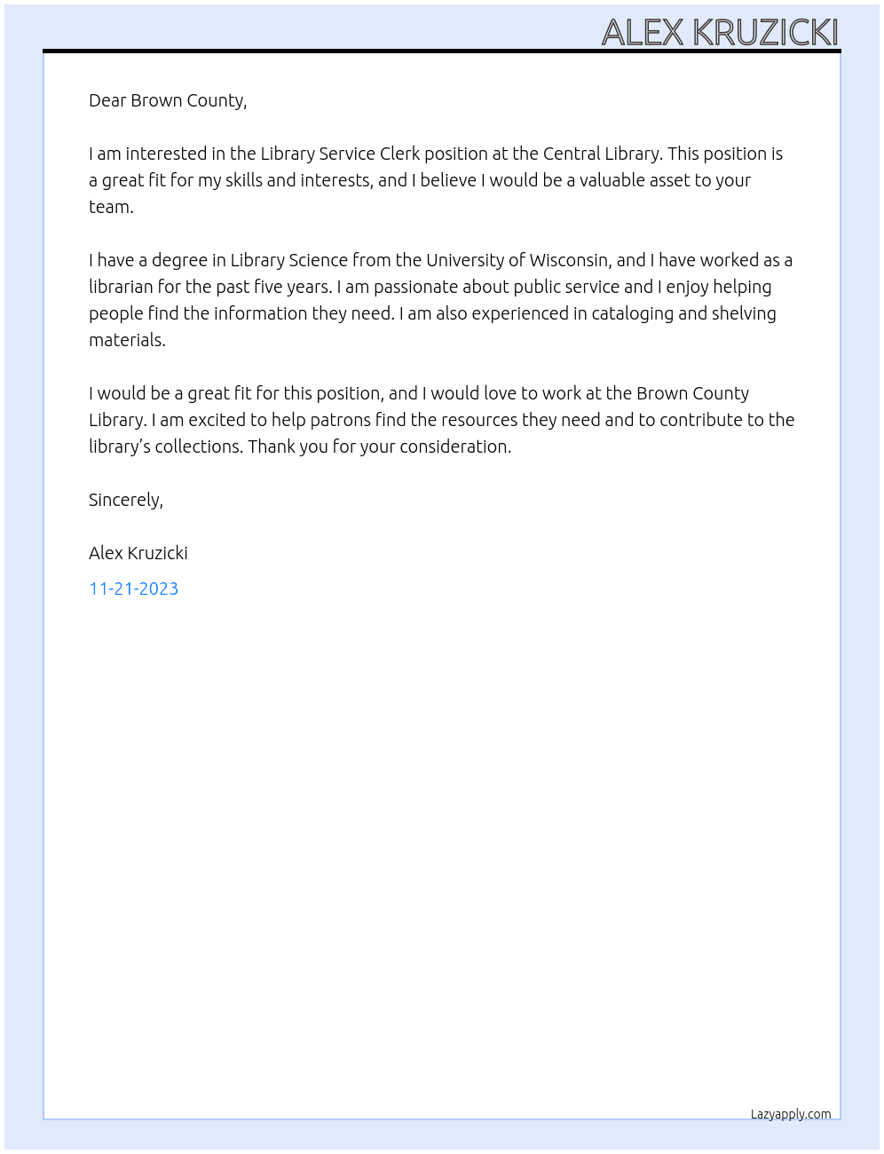  Library Service Clerk - Central Library At Brown County Cover Letter