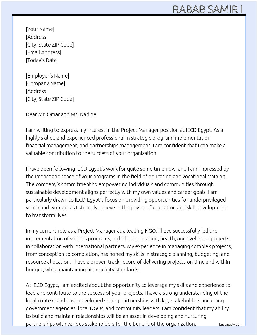 Project manager  At IECD Egypt  Cover Letter